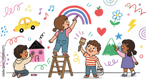 Children drawing and painting colorful wall art — perfect for kids’ creativity themes, art education, and playful storytelling illustrations