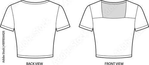 Crop top technical drawing vector, front and back view with square neckline and short sleeves