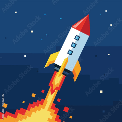 Pixel art rocket ship blasting off.
