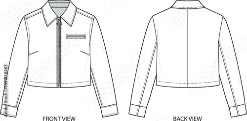 Cropped jacket technical drawing vector, front and back view with zipper closure, chest pocket, and seam details