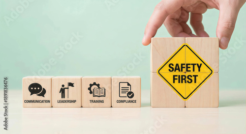 Hand placing safety first block with communication leadership training compliance