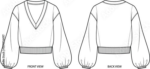 Cropped sweater technical drawing vector, front and back view with balloon sleeves and ribbed waistband