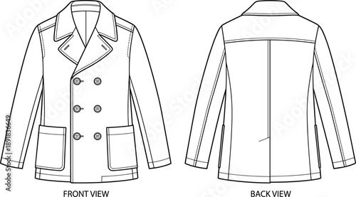 Double-breasted coat technical drawing vector, front and back view with lapel, pocket, and seam details