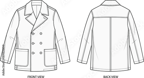 Double-breasted jacket technical drawing vector, front and back view with lapel, pocket, and seam details