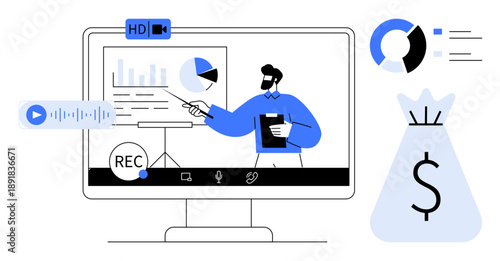 Male professional using graphs and charts to explain financial data. Includes money bag icon representing profit. Ideal for business analysis, presentation templates, finance management, budgeting