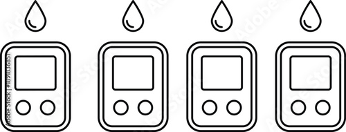 Glucometer icon vector set, black and white medical symbols with droplet and screen for diabetes monitoring Glucometer icon vector 