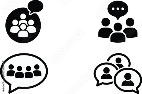 Group communication icon vector set, black and white symbols of chat, teamwork, and collaborative discussion