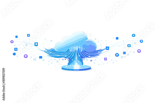 Flowing Data Connectivity. Glowing data stream lines moving from scattered nodes into a central cloud hub, soft bokeh particles