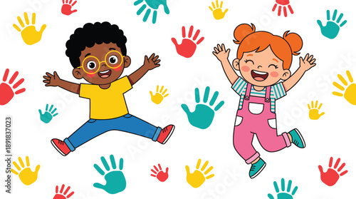 Happy children jumping with colorful handprints — perfect for kids’ content, classroom posters, and playful educational illustrations