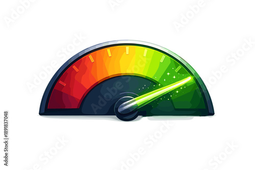 Efficiency Gauge Illustration. Speedometer gauge with a glowing needle moving into the green zone, tiny sparkle dust and clean