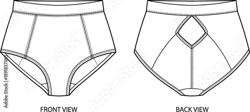 High-waisted underwear technical drawing vector, front and back view with seam lines and diamond panel detail
