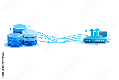 Scalable Systems Visualization. Database cluster and load balancer icons connected by smooth data flow lines, glow dots indicating