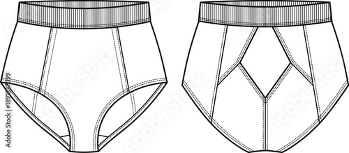 High-waisted underwear technical drawing vector, front and back view with seam panels and ribbed waistband