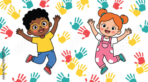 Joyful children jumping with colorful handprints — perfect for kids’ content, classroom posters, and playful educational illustrations