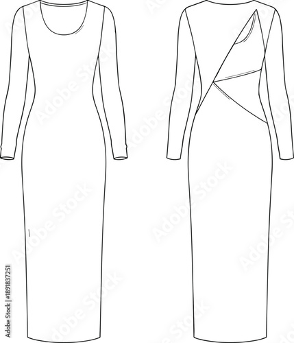 Long-sleeve dress technical drawing vector, front and back view with scoop neckline and asymmetrical seam panel