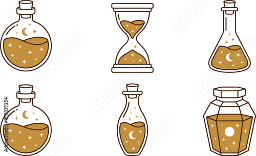 Magical potion bottle vector set, fantasy containers with golden liquid and celestial symbols