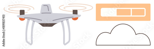 quadcopter delivery, cloud computing, data transfer, futuristic technology, aerial imaging, innovation. Flying Quadcopter, cloud icon loading bar. Drone delivery and cloud computing concept