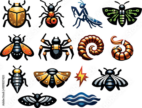 Two-Color vector icons of metallic insects: brass beetle plate, gear-backed ant, wire-legged mantis, circuit moth, rivet fly dot,
