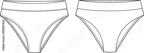Bikini underwear technical drawing vector set, seam-detailed and simplified front views