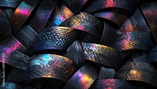 Abstract iridescent geometric shapes with intricate patterns and textures.