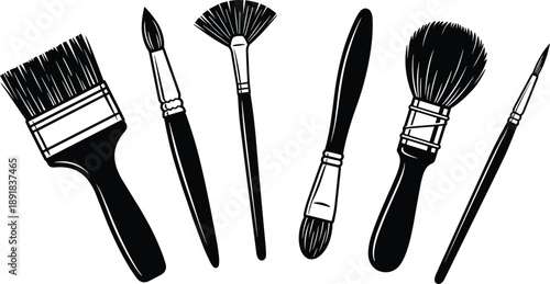 Black and white brush icons — stylized painting and makeup tools for art education, design sets, and minimalist illustrations