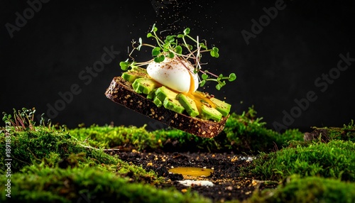Artistic Avocado Toast with Poached Egg and Microgreens.