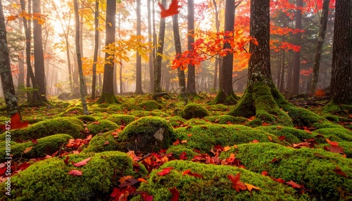 Autumnal Forest Scene - Mossy Ground and Vibrant Foliage in a Tranquil Setting.