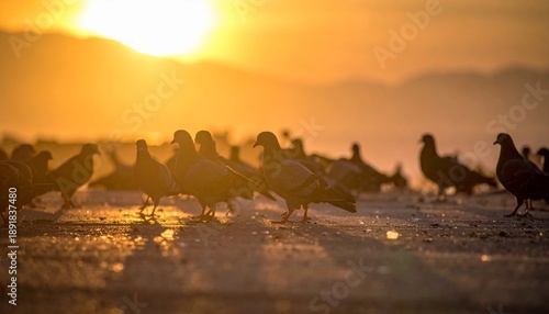 Birds silhouetted against a golden sunset on the beach.
