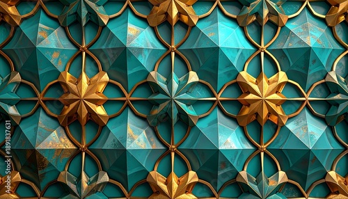 Intricate Teal and Gold Geometric Pattern with Floral Accents.