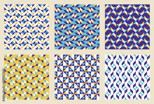 Purple, blue and yellow, olor tessellation set, bundle of modern seamless vector patterns. Neutral retro colors. Repeatable design for fabric collection, wallpapers,