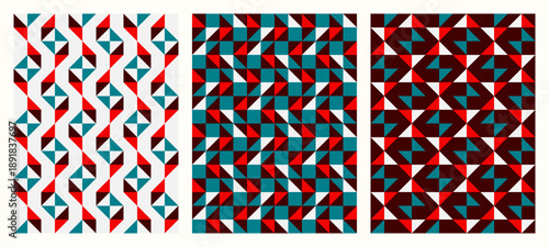 Juicy red and teal, Color tessellation set, bundle of modern seamless vector patterns. Neutral retro colors. Repeatable design for fabric collection, wallpapers,