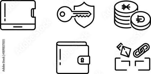 Digital currency icons representing secure transactions, wallets, and blockchain technology