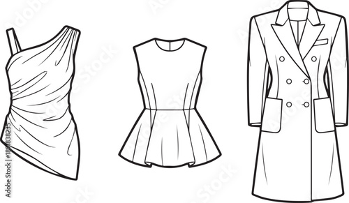 Asymmetric draped top with peplum blouse and double breasted coat vector fashion sketches
