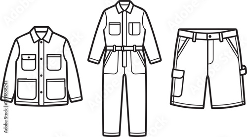 Industrial workwear technical fashion sketches featuring jacket jumpsuit and cargo shorts
