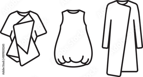 Avant garde fashion garment technical sketches showing draped top bubble dress and long coat