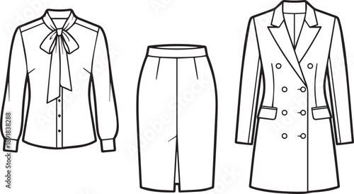 Business wear collection including pussy bow blouse pencil skirt and double breasted coat