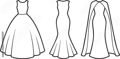 Bridal gown and cape line art fashion design sketches