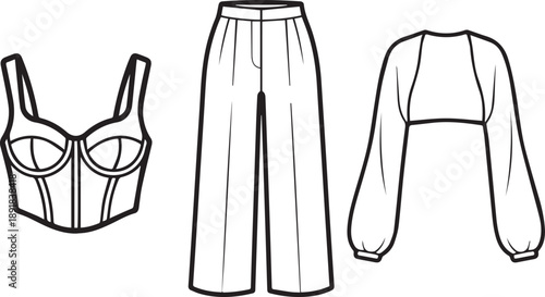 Fashion clothing collection vector sketch, stylish apparel set isolated on transparent background