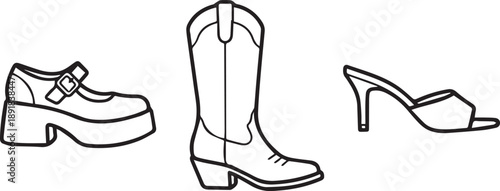 Fashion footwear icons platform shoe cowboy boot high heel sandal line art