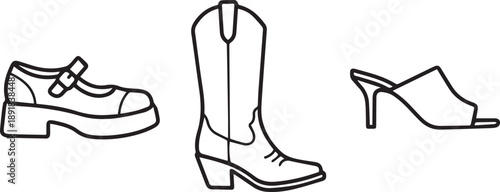 Fashion footwear icons platform shoe cowboy boot high heel sandal line art