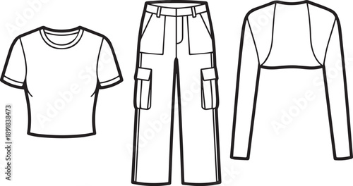 Fashion sketch of womens streetwear outfit featuring crop top cargo pants and arm warmer
