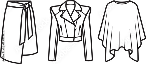 Fashion sketches collection with detailed skirt leather biker jacket and oversized poncho