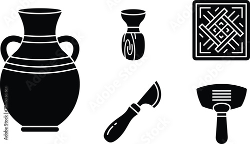 Collection of stylized black icons representing pottery, grooming tools, and a decorative pattern.