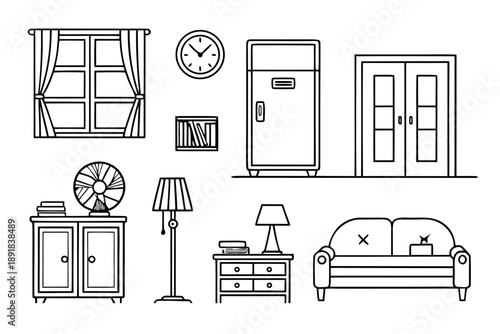 Flat vector household and furniture object set, a collection of line drawings of domestic items and furnishings for interior design and home decor