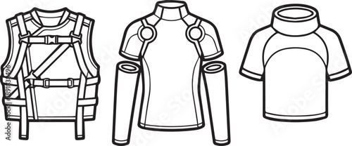 Futuristic body armor vest and modular techwear shirt illustration vector set outline art