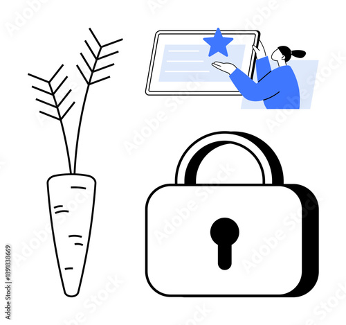 Data security, certification, achievement, sustainability, personal responsibility, online verification. Lock symbol, carrot icon certificate interaction. Data security and certification