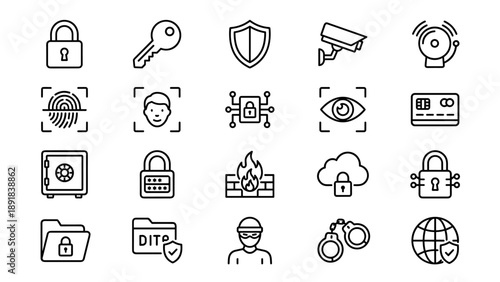 Set of 20 security and protection line icons for web and app design, featuring padlock, key, shield, CCTV camera, alarm, fingerprint, face ID, digital lock, eye scan, safe, and data firewall.