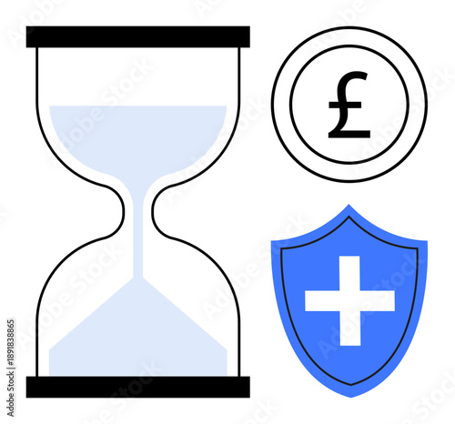 Time management, financial planning, security, health protection, risk management, efficiency. Hourglass, pound sign blue shield with cross. Time management and financial planning concept