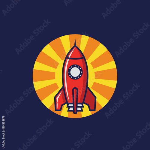 Red Rocket Ship Blasting Off Space.