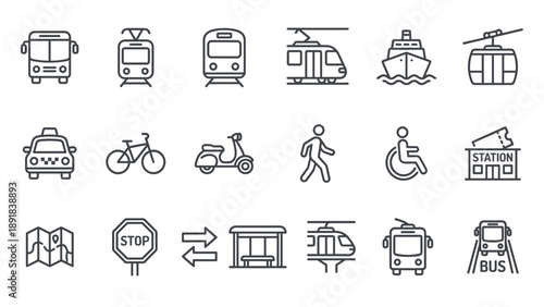 Comprehensive Set of 19 Public Transport and City Transit Line Icons Featuring Minimalist Vector Symbols for Bus, Train, Tram, Ship, Cable Car, Taxi, Bicycle, Scooter, Pedestrian, Wheelchair, and Map